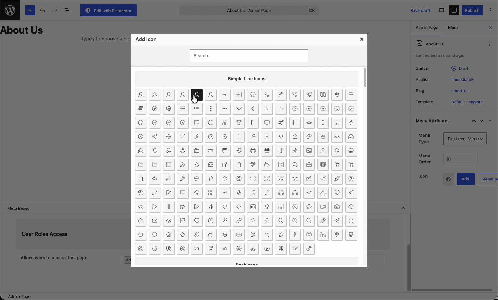 The User Roles Access panel allowing the page to be shown only to the Administrator role