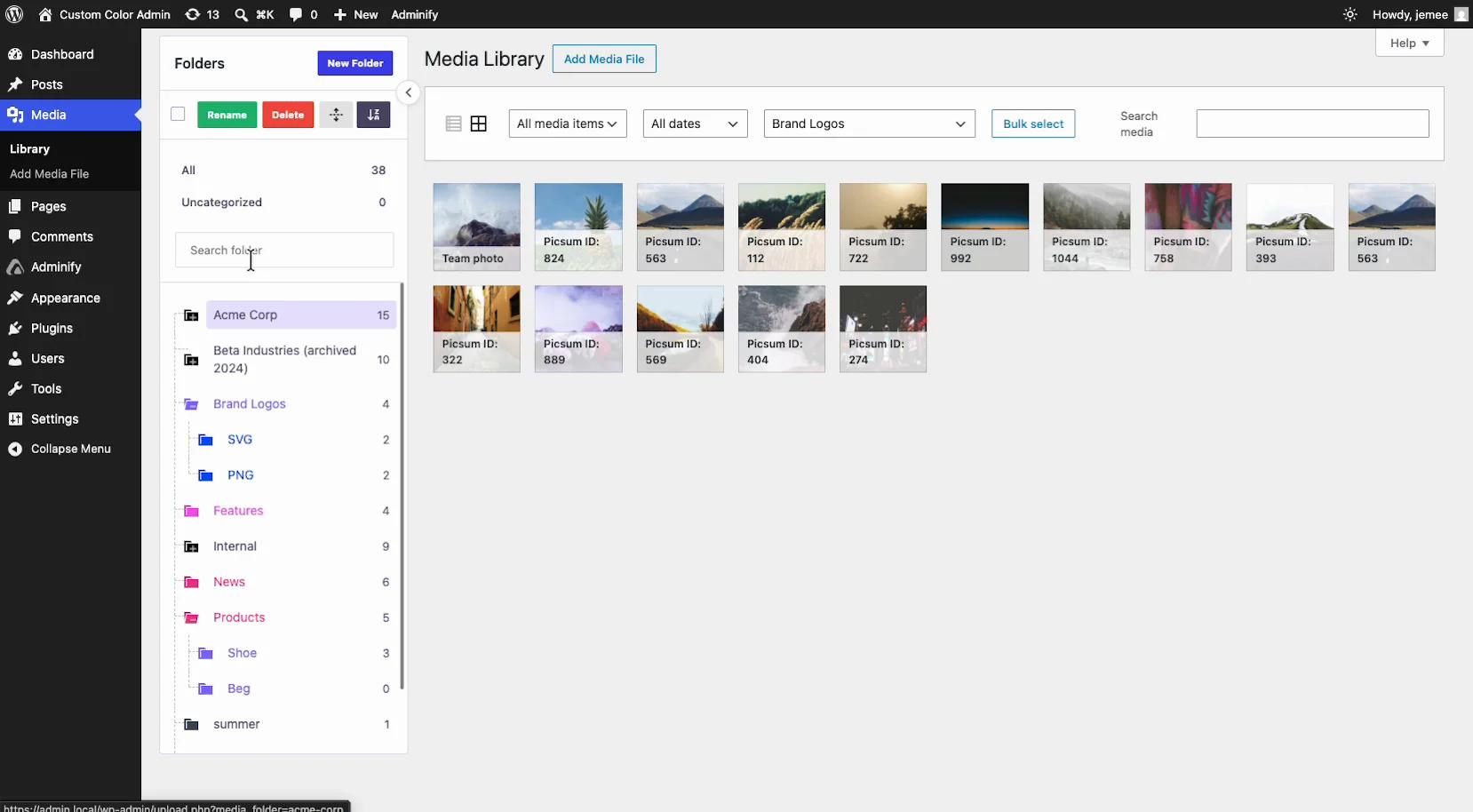 WP Adminify media folder tree with nested, color-coded folders and folder sorting on the same test site