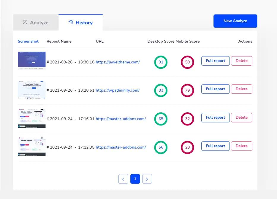 Google Pagespeed History Page