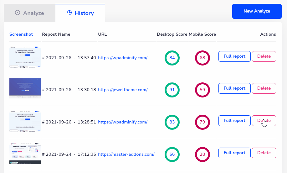 Delete Google Pagespeed History