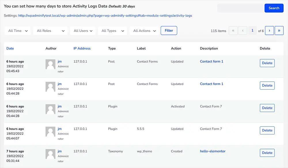 WordPress Dashboard Activity logs plugin