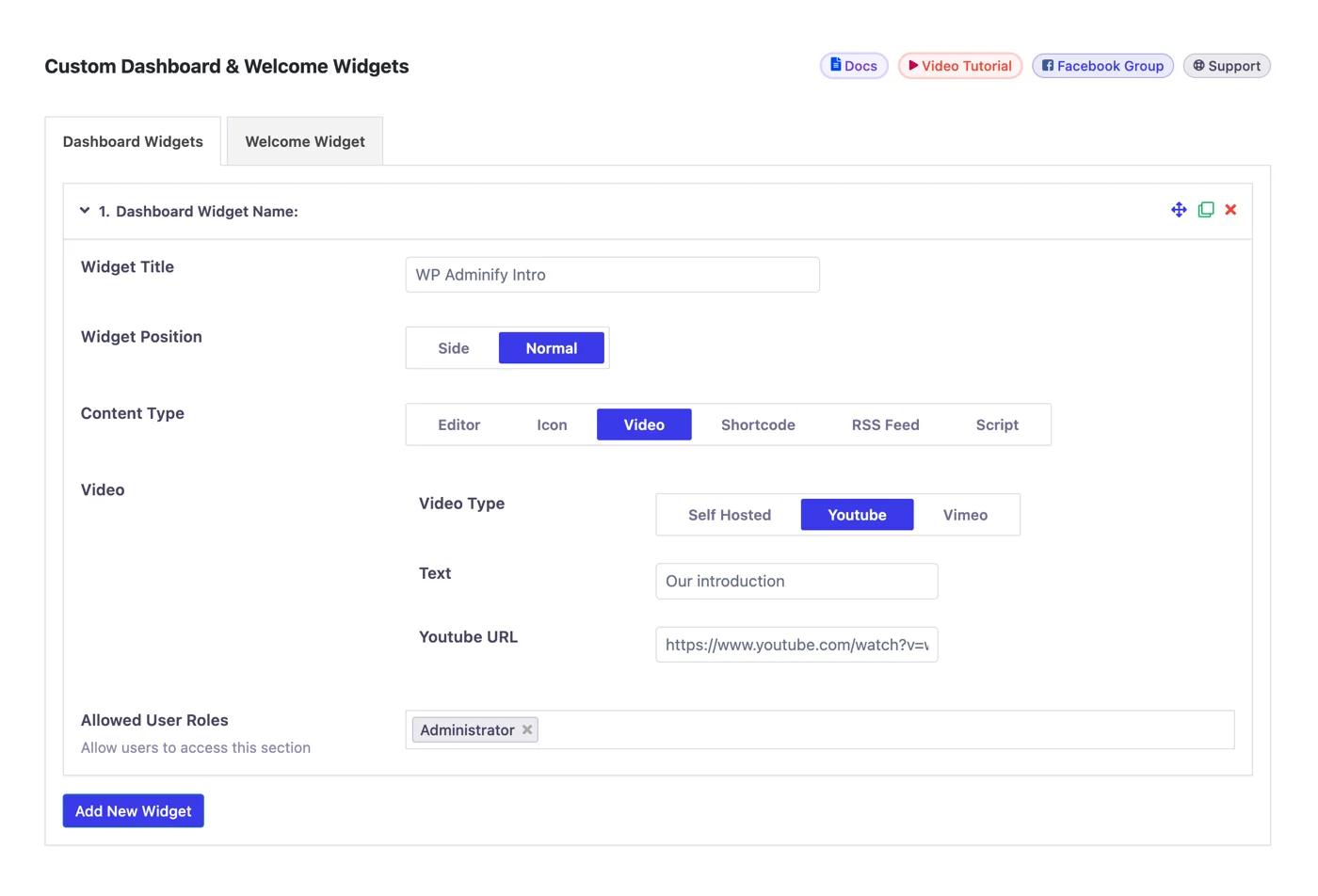 Added YouTube video as WordPress Dashboard Widget
