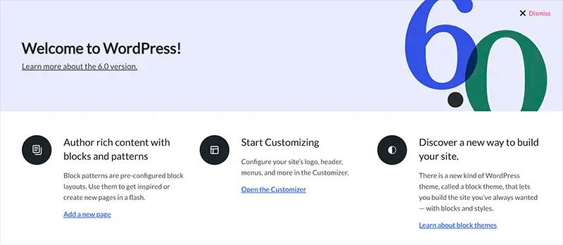WordPress 6.0 welcome Widget