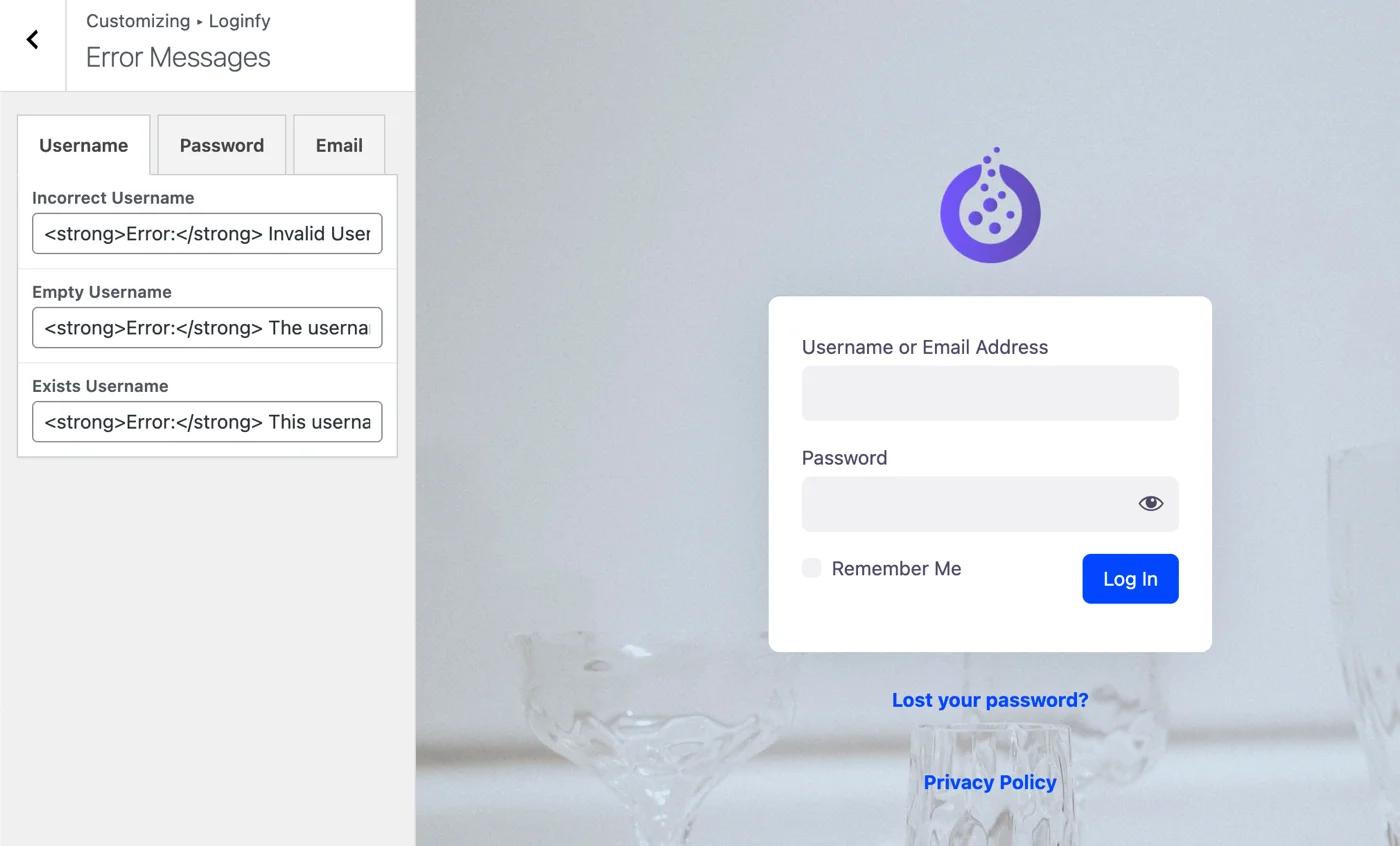 Login page error messages customization