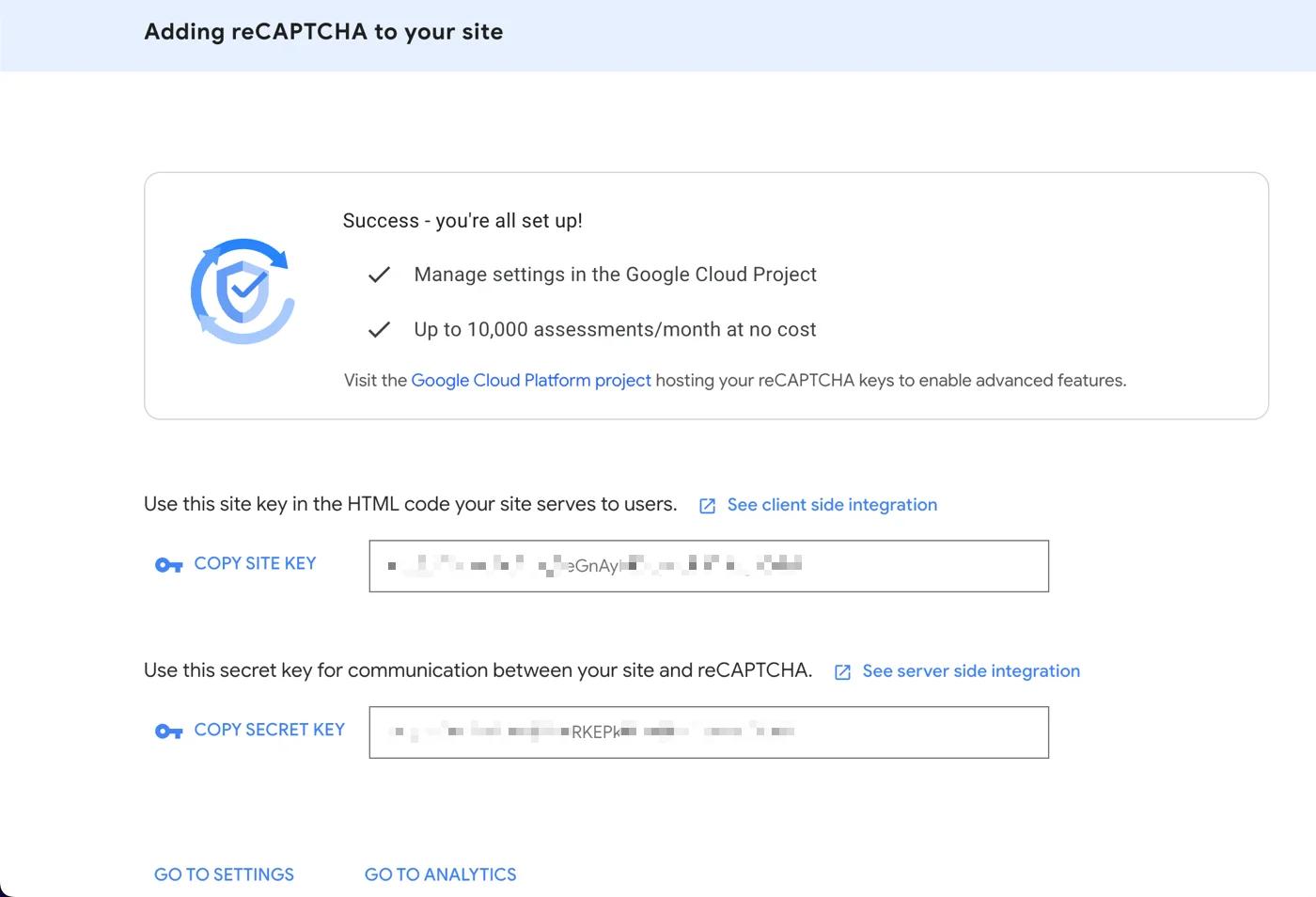Copy site key and secret key for captcha