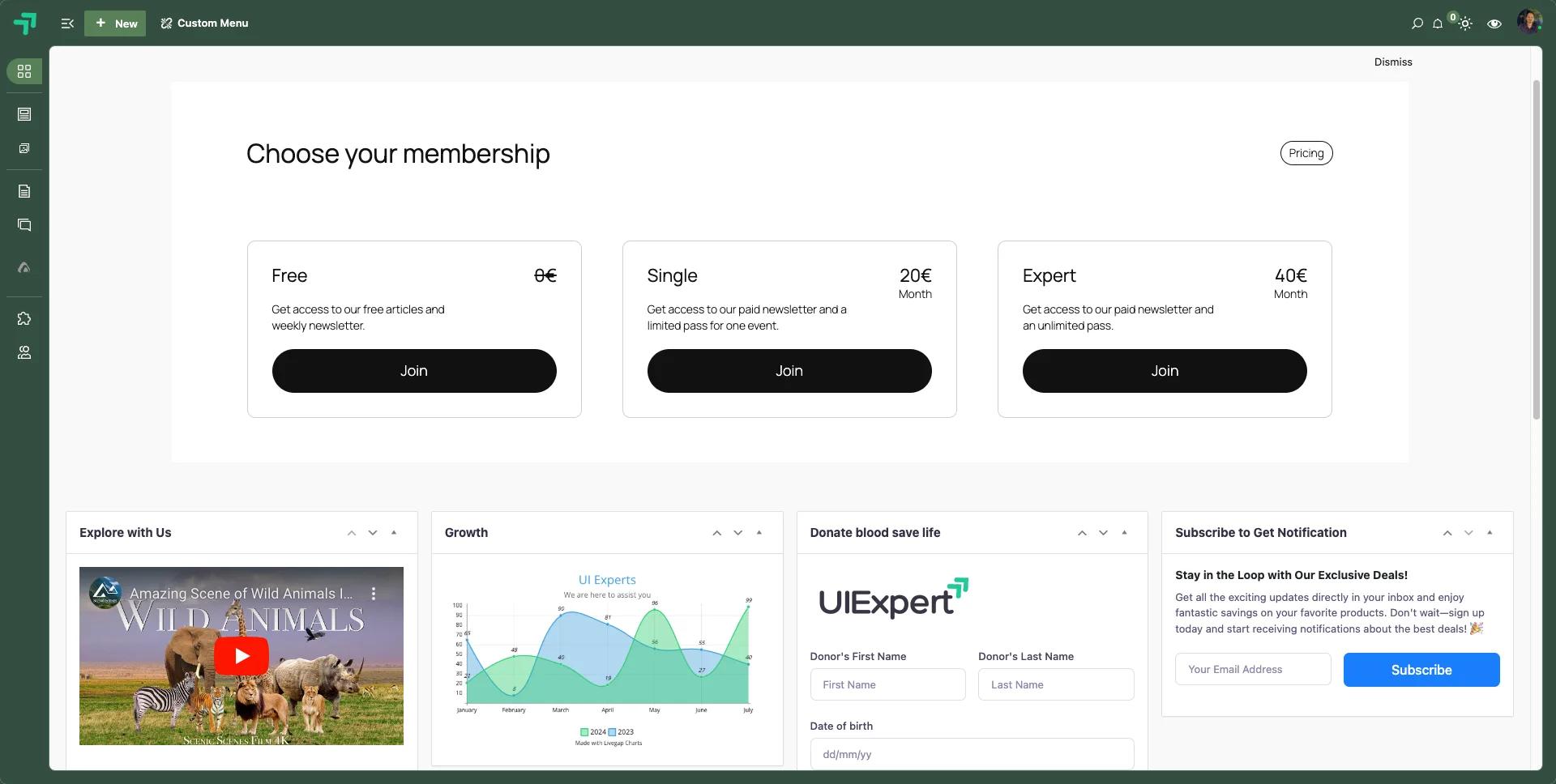 Custom welcome widget in WordPress dashboard with quick links for clients