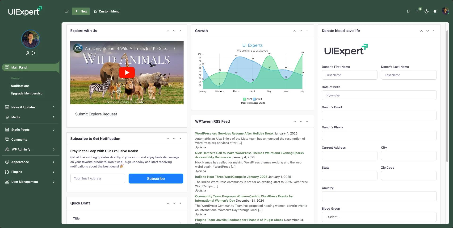 WordPress client dashboard created with WP Adminify