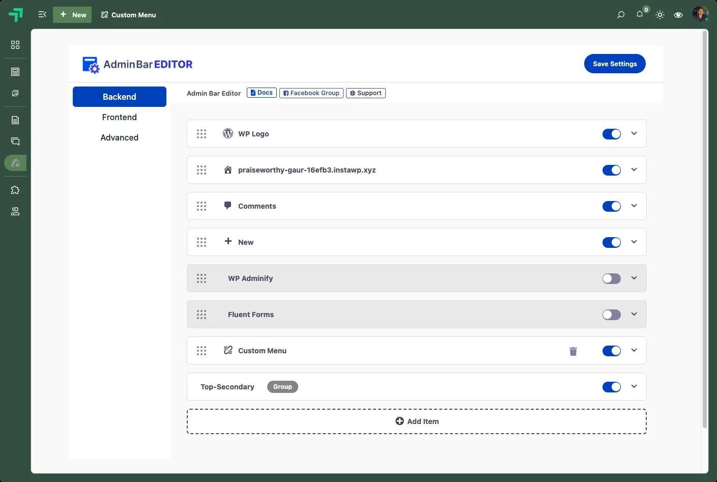 Customized WordPress admin toolbar created with Admin Bar Editor