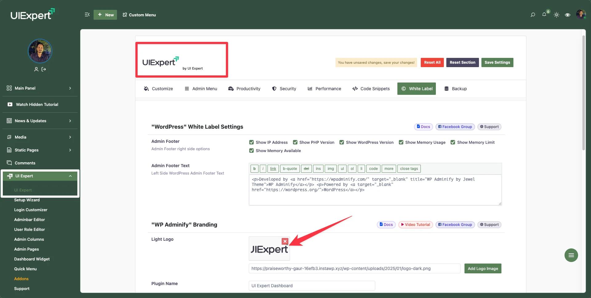 WP Adminify White Label settings panel showing logo upload, footer text, and Howdy replacement fields