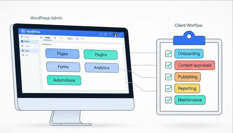Checklist mapping client workflows to WordPress dashboard tasks