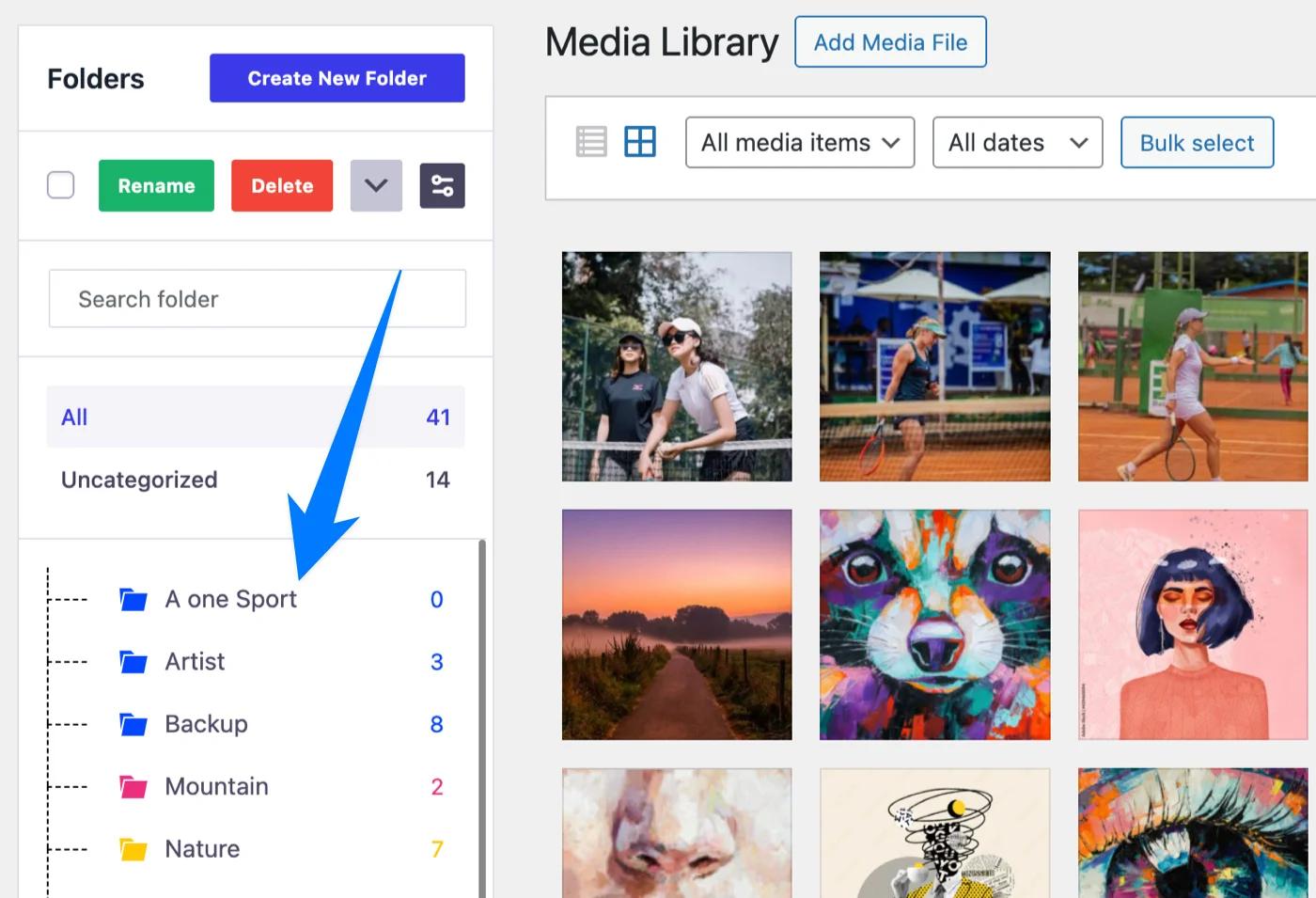 New folder added in wordpress media library