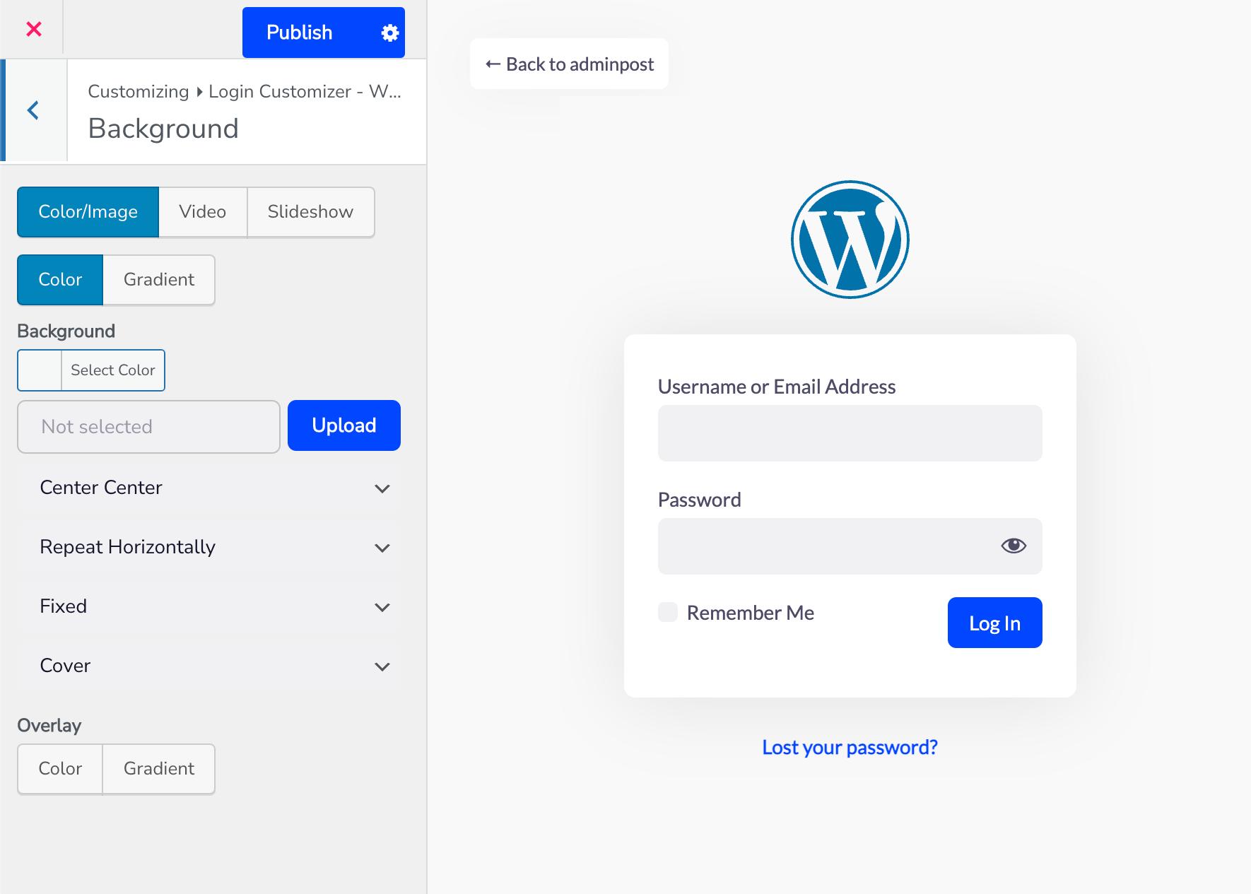 WordPress login page background customizer