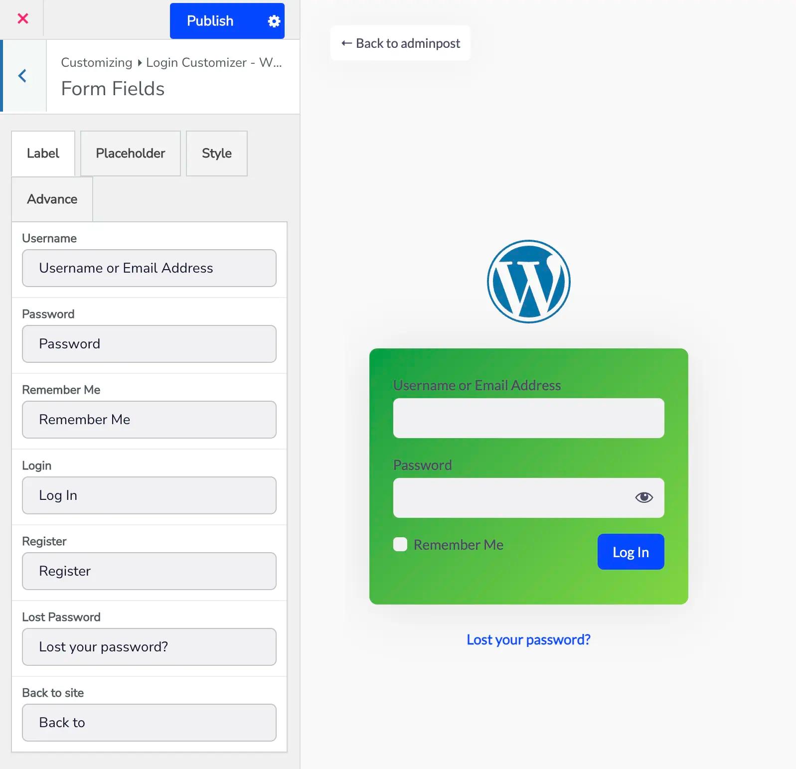 WordPress login page form fields customization