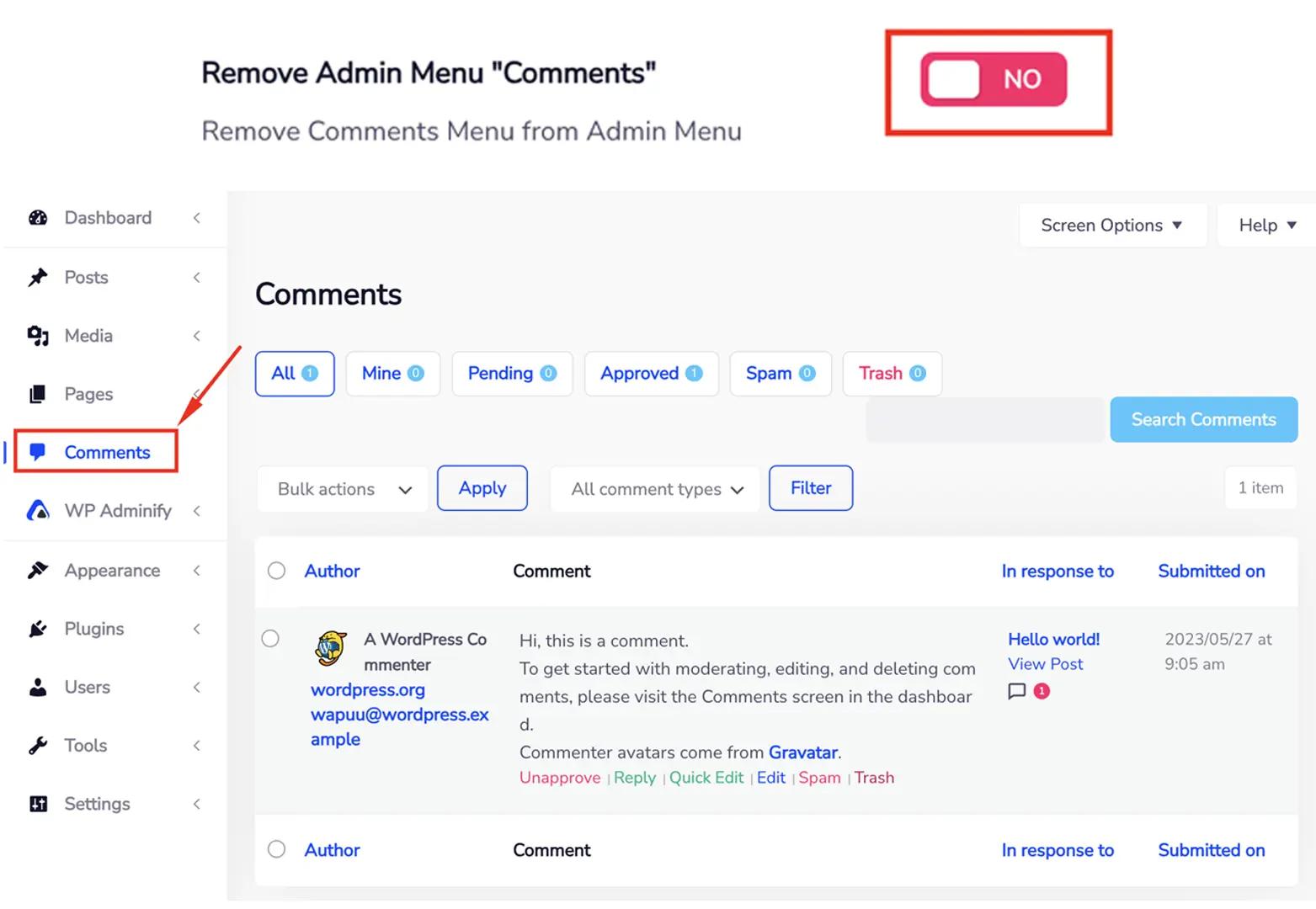 Remove Admin Menu Comments
