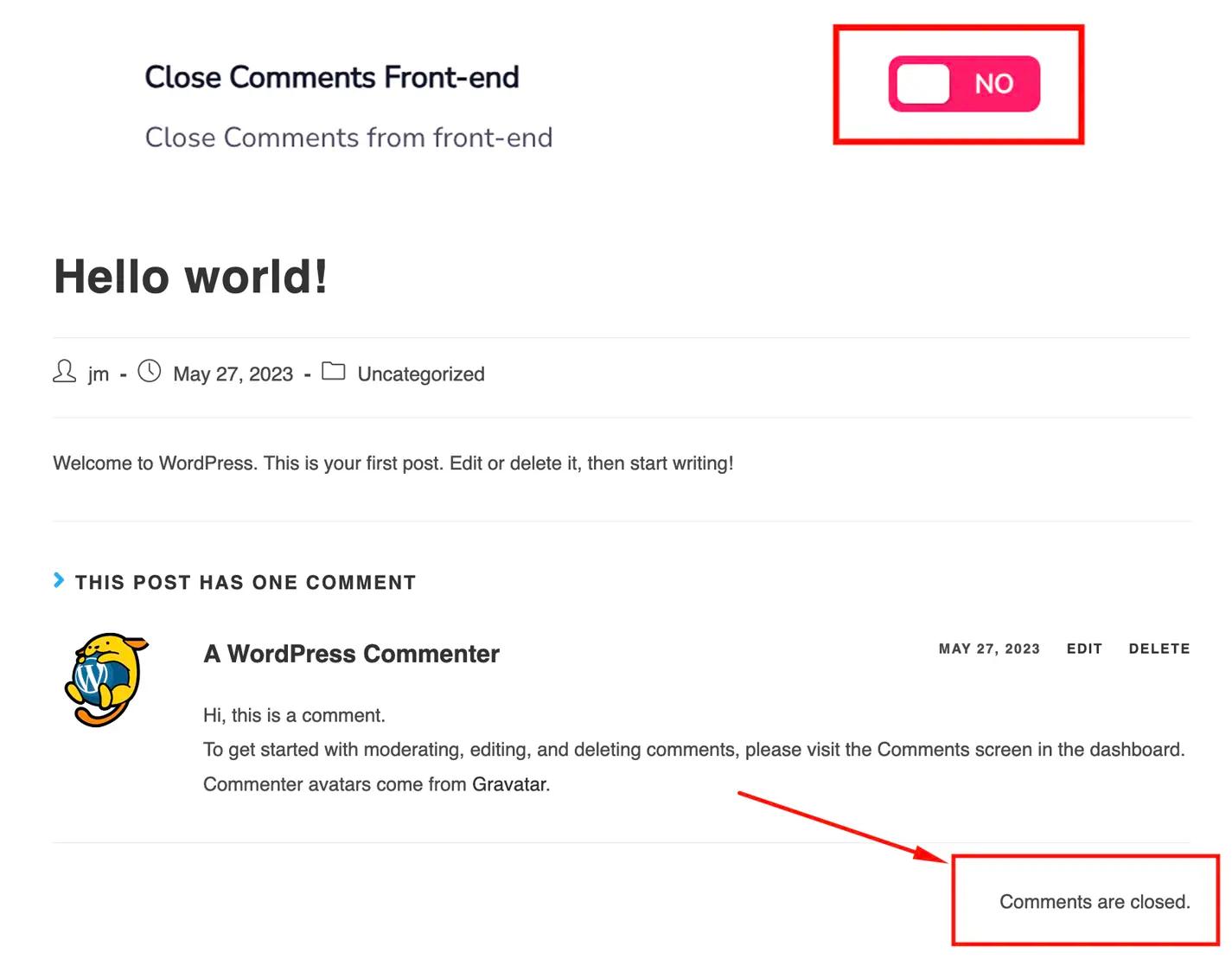 Hide Close Comments notice in front end