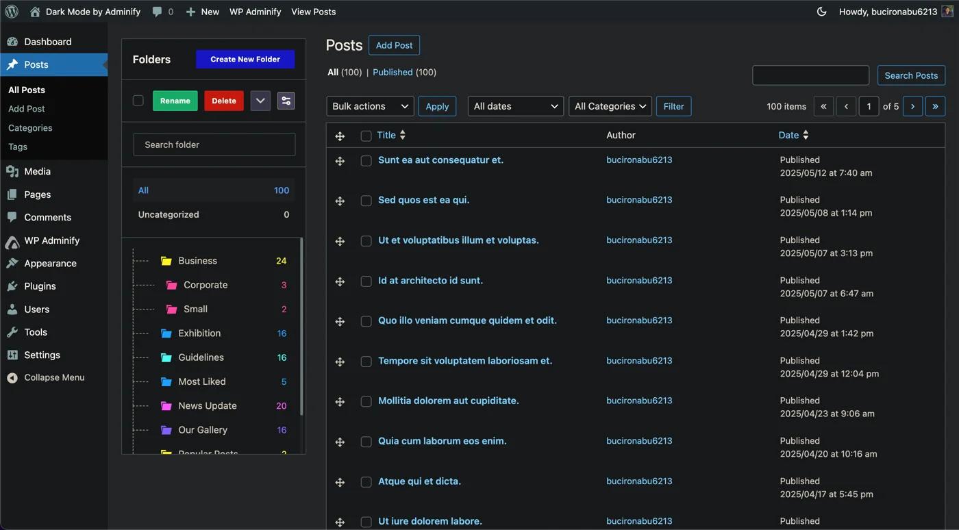 WordPress Dashboard dark mode in post