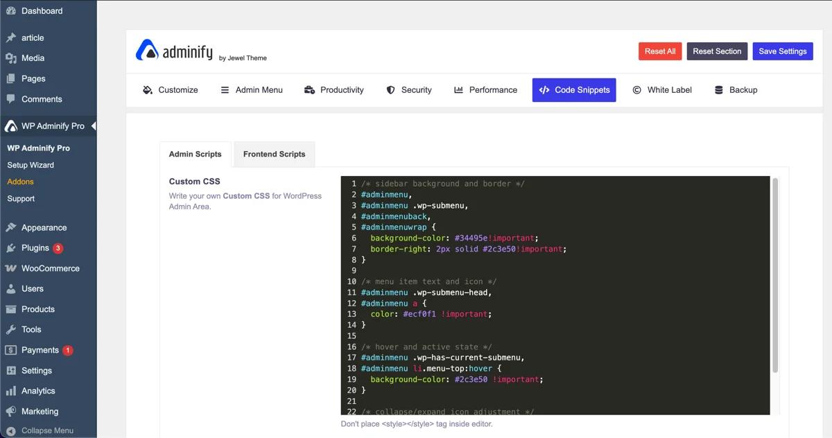 Add WordPress Admin CSS in WP Adminify plugin