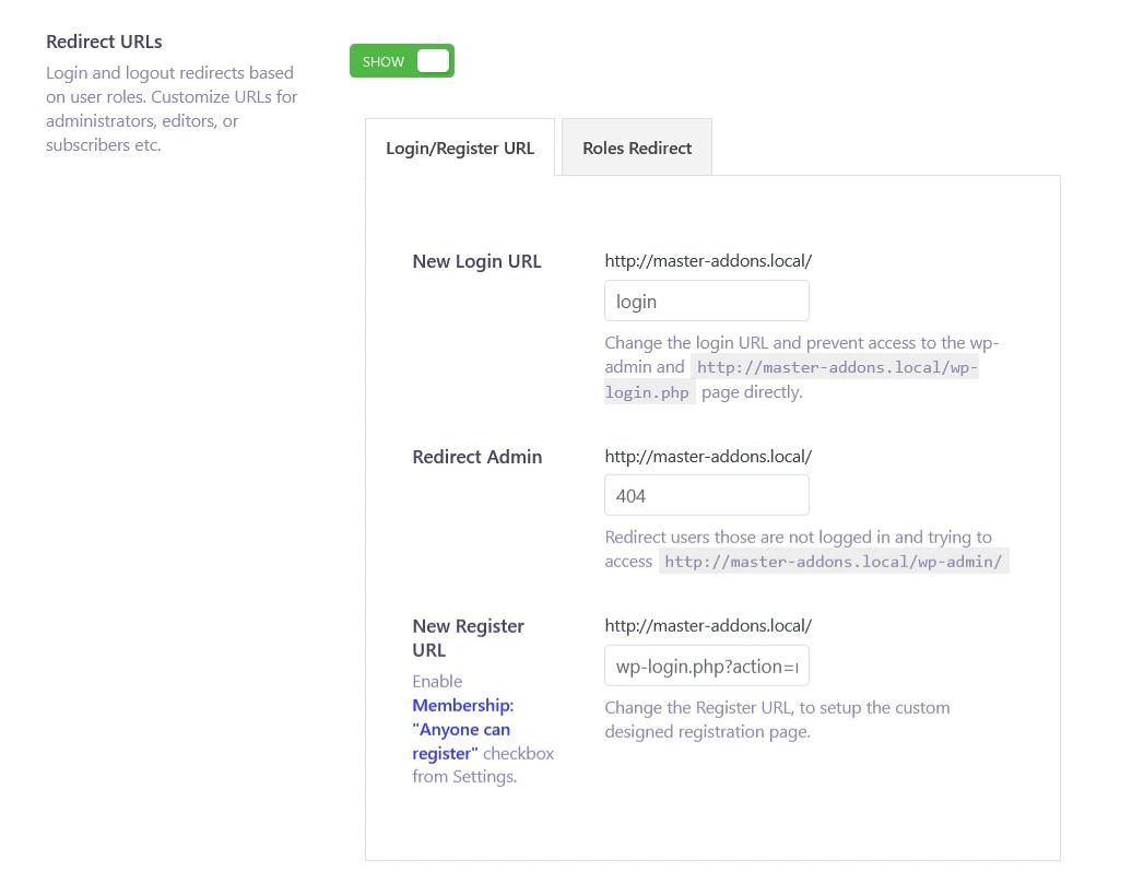 Redirect URLs options