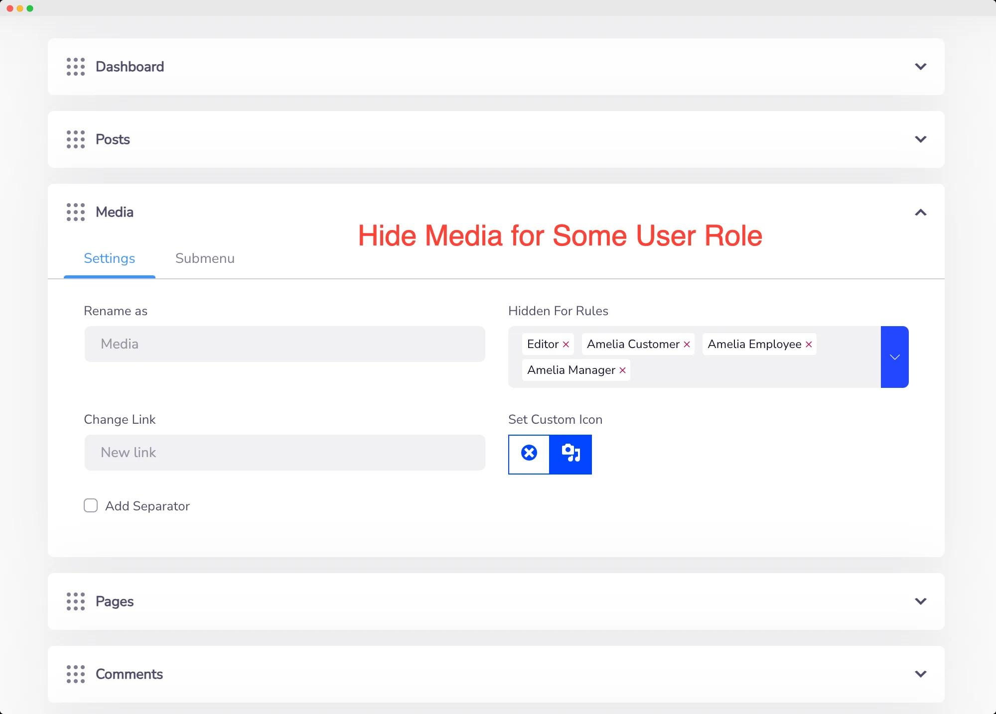 Hide Media Menu item for some user role