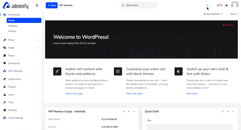 WP Adminify dark mode settings panel showing the light/dark toggle and scheduling options