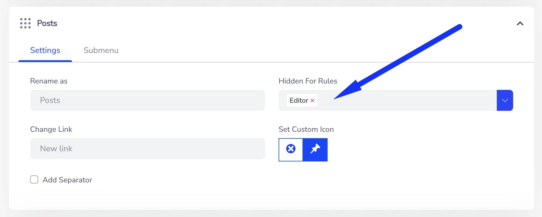 Admin menu editor Hidden for rules fixed