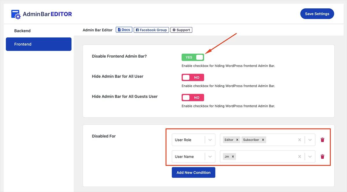 Disable frontend admin bar for specific user role