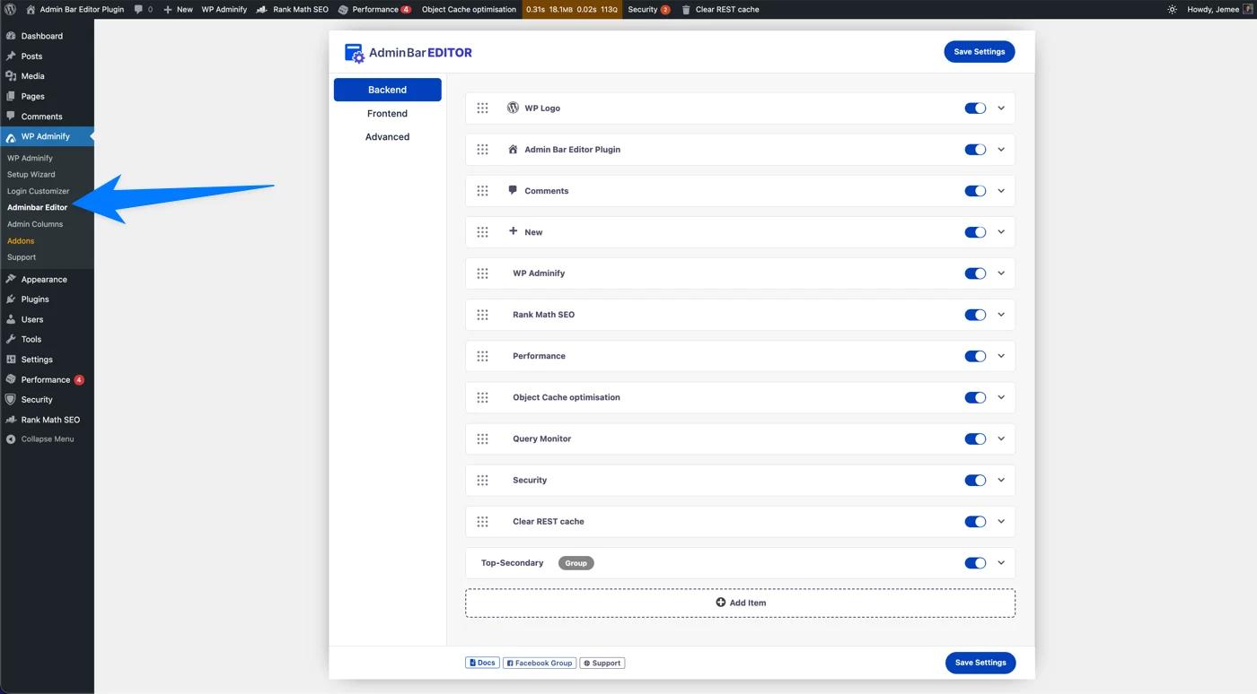 Admin bar Editor plugin option panel