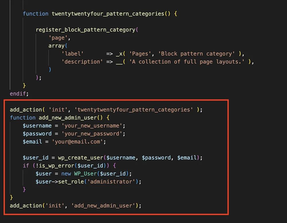 Add the code snippet to create WordPress Admin Account