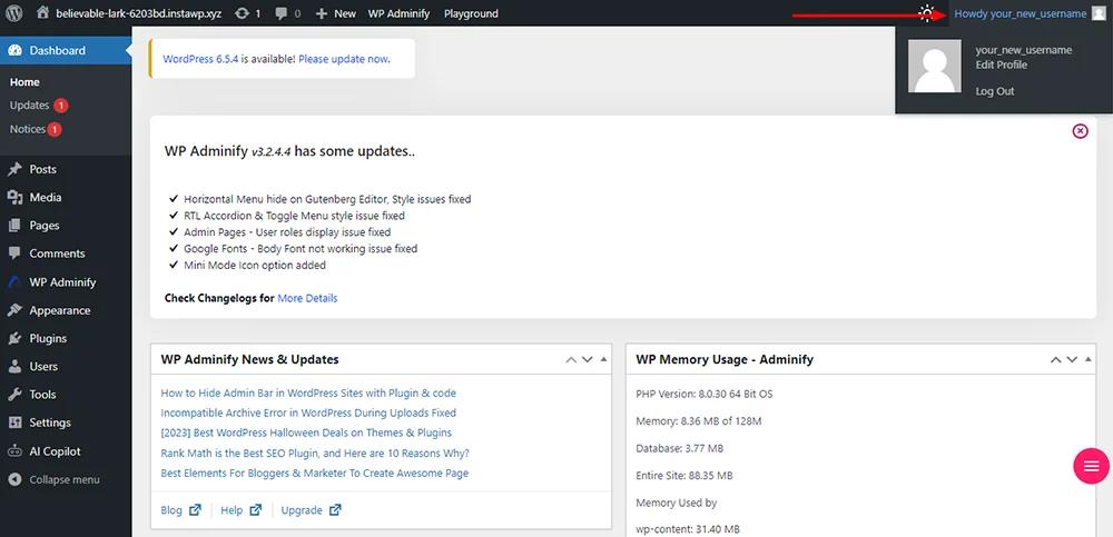 The WordPress Dashboard after creating Admin Account via FTP