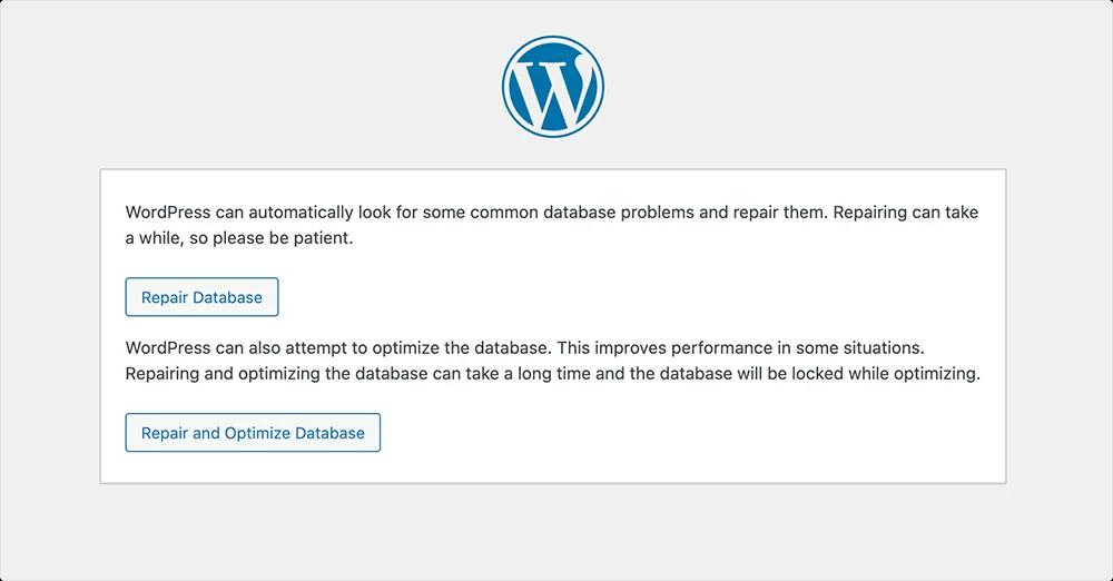 WordPress built in database repair tool