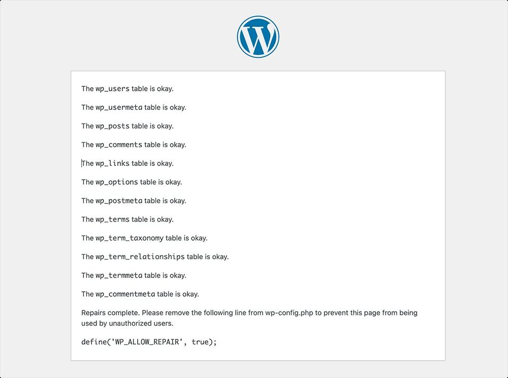 WordPress Database Repair tool result