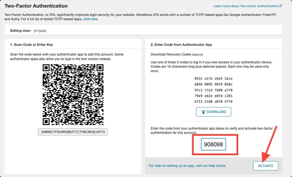 enter the code from authenticator app and active