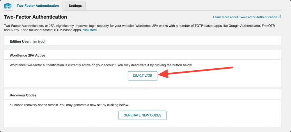 Deactivate 2FA settings in WordPress login