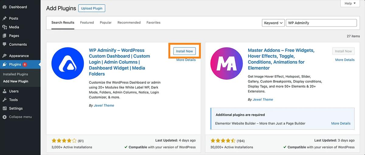 Install new plugin in WordPress Dashboard