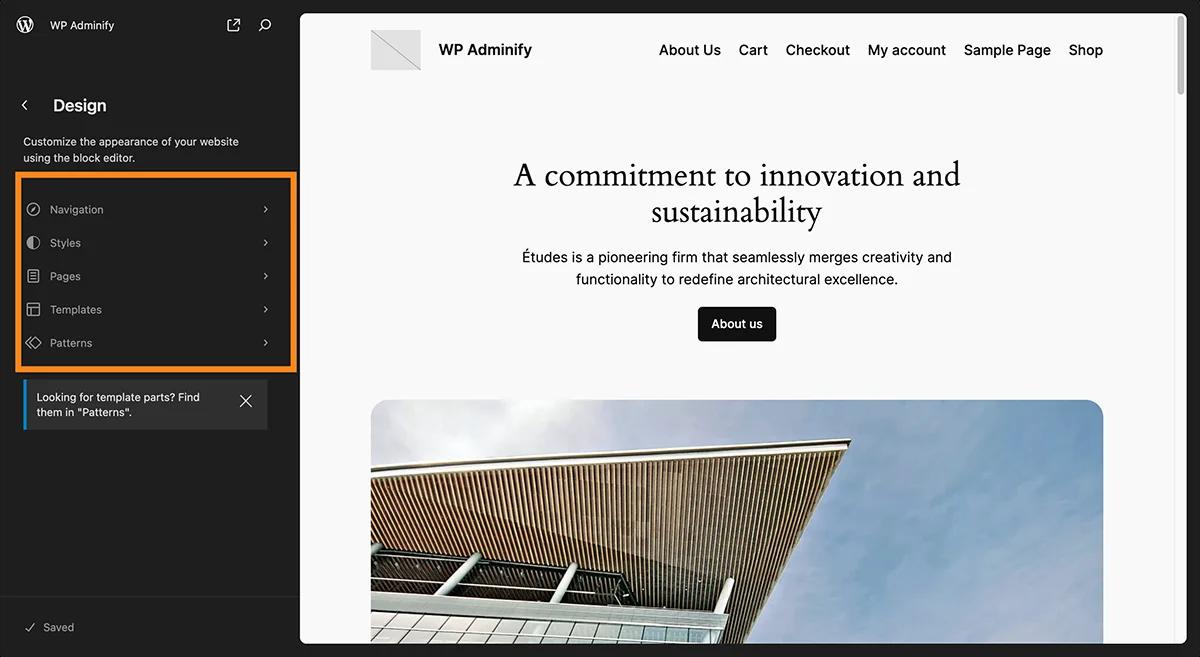 Full site editor option in default WordPress block Theme