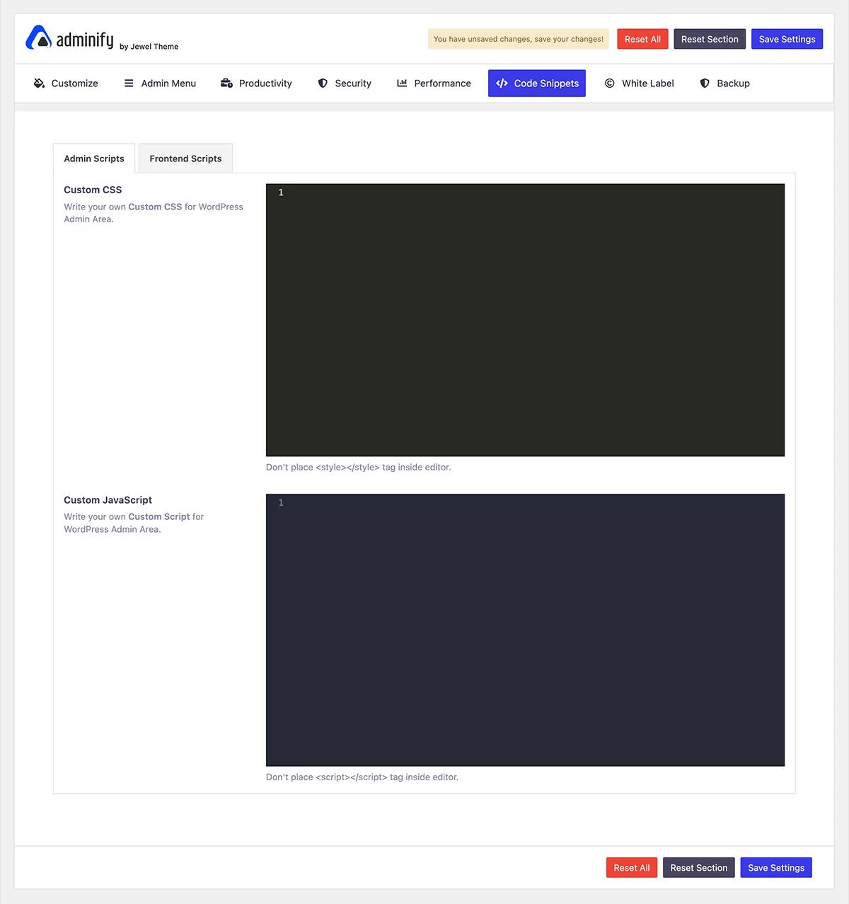 WP Adminify V4.0 – Code Snippets options
