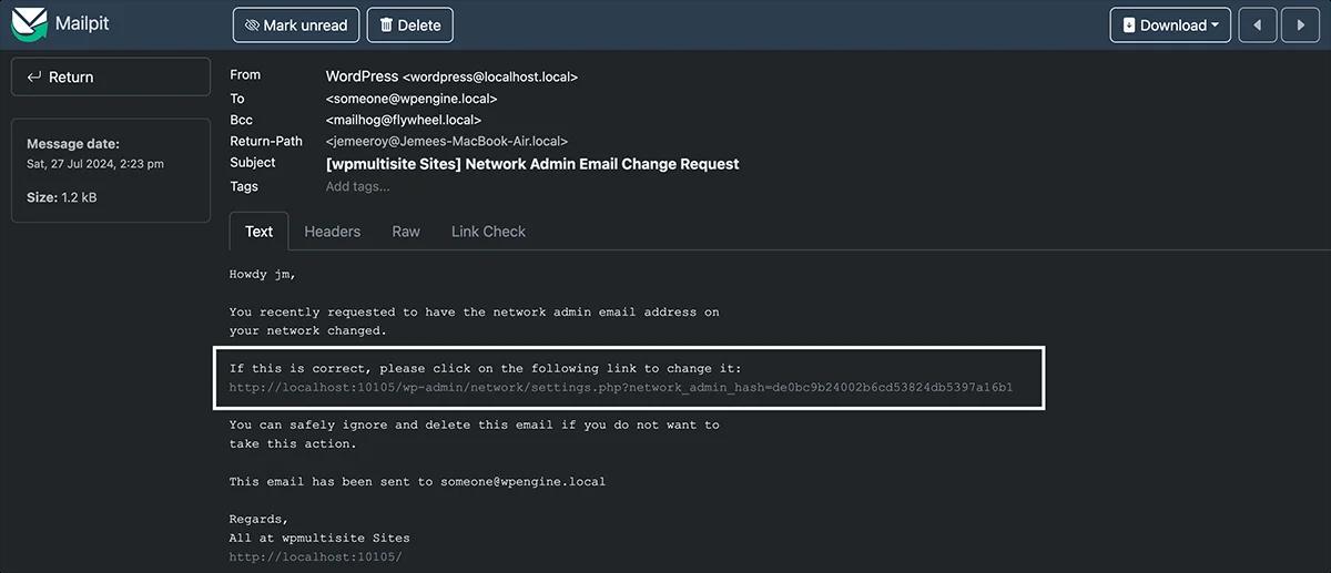 confirm email for WordPress multisite network email change