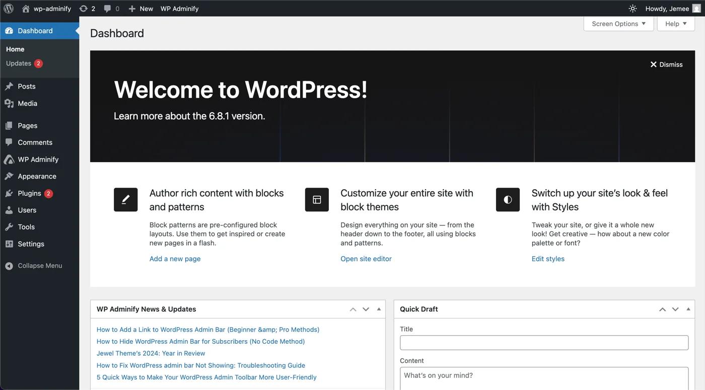 Default WordPress Dashboard preview