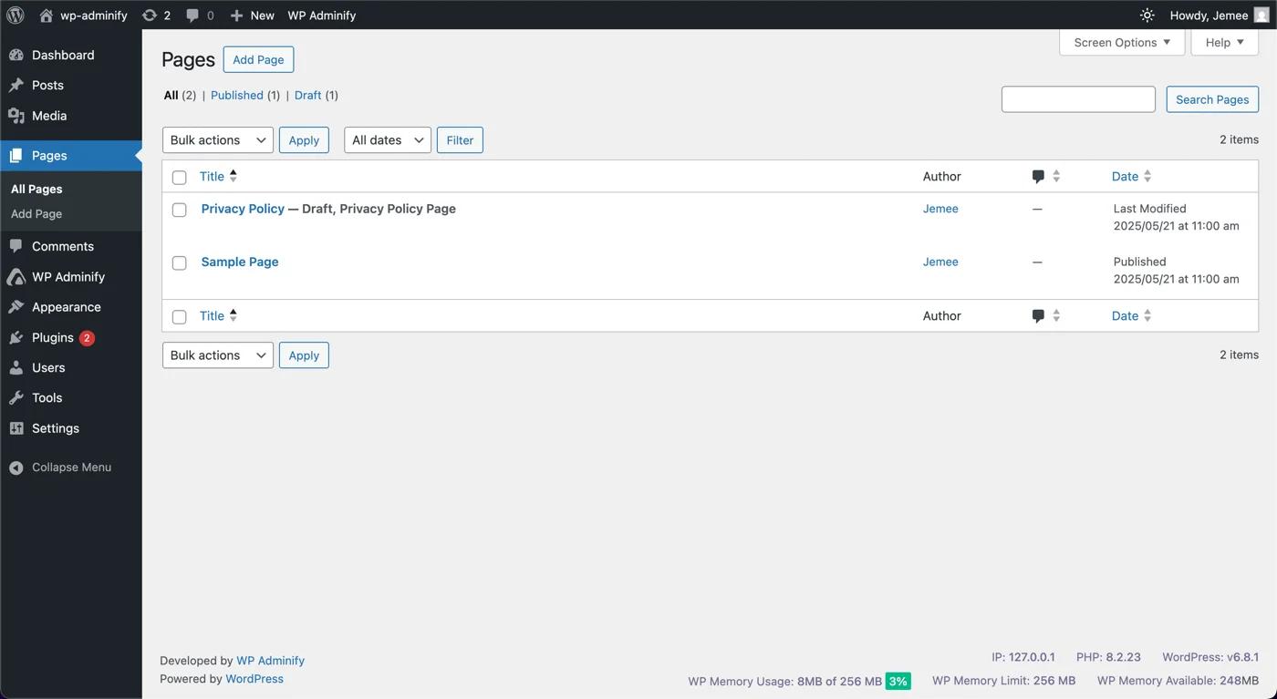 Default WordPress pages option