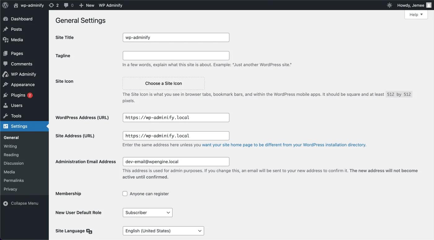 General settings option panel in WordPress