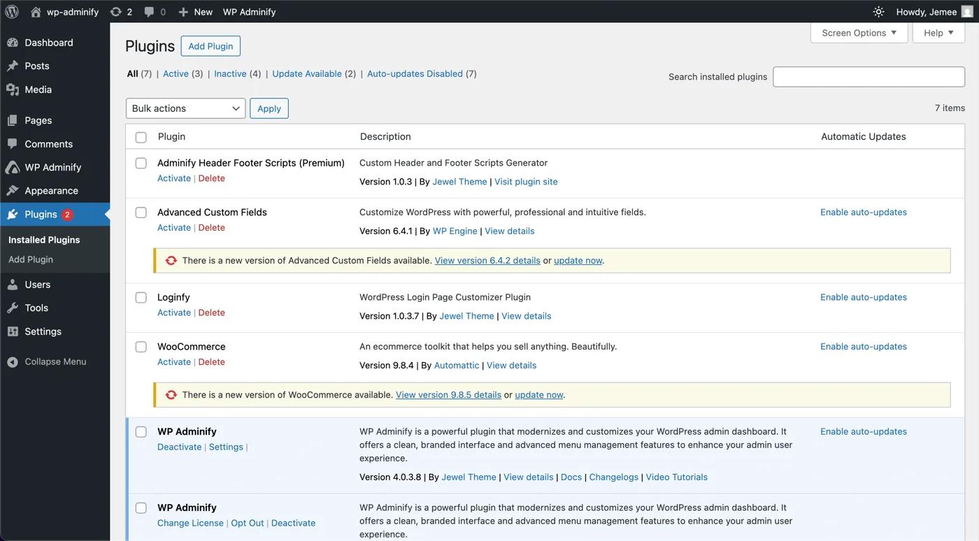 Plugins option panel in WordPress