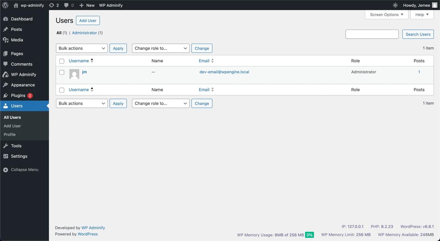 Users management option panel in WordPress