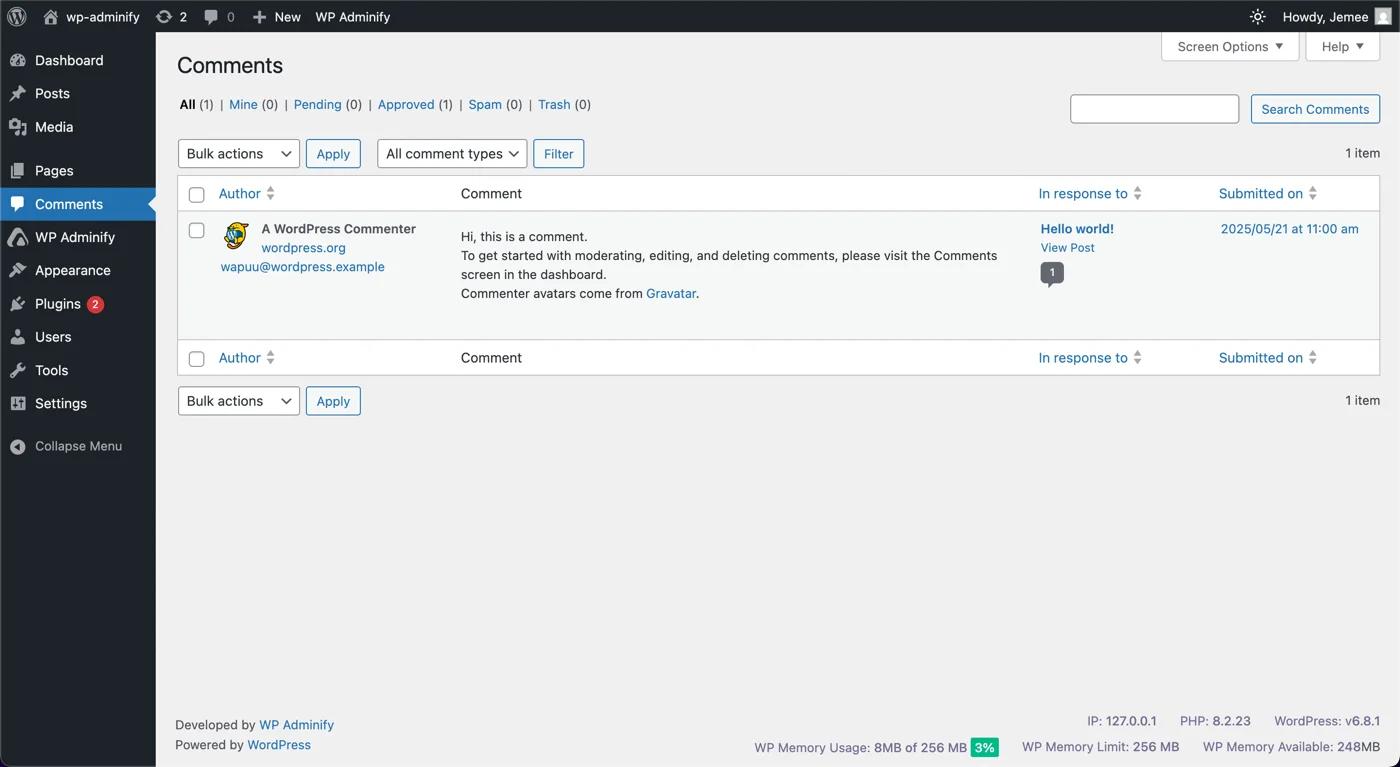WordPress comments management option