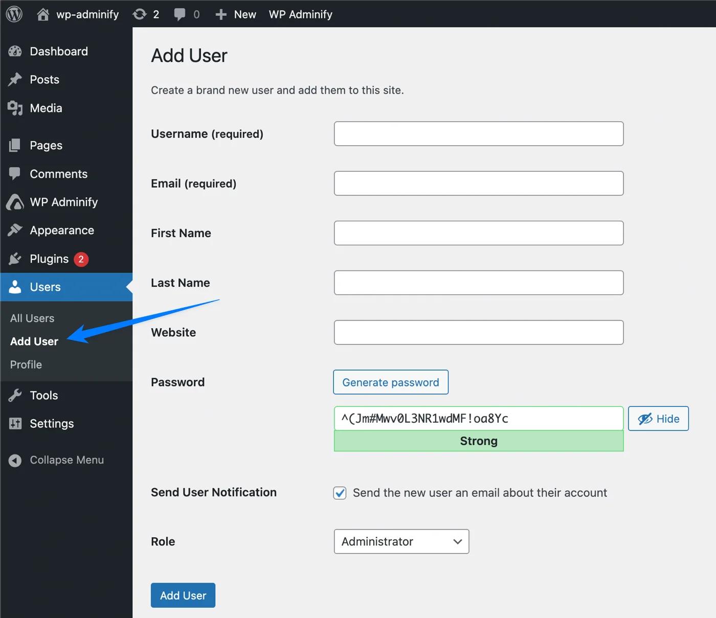 Add new user in WordPress Dashboard
