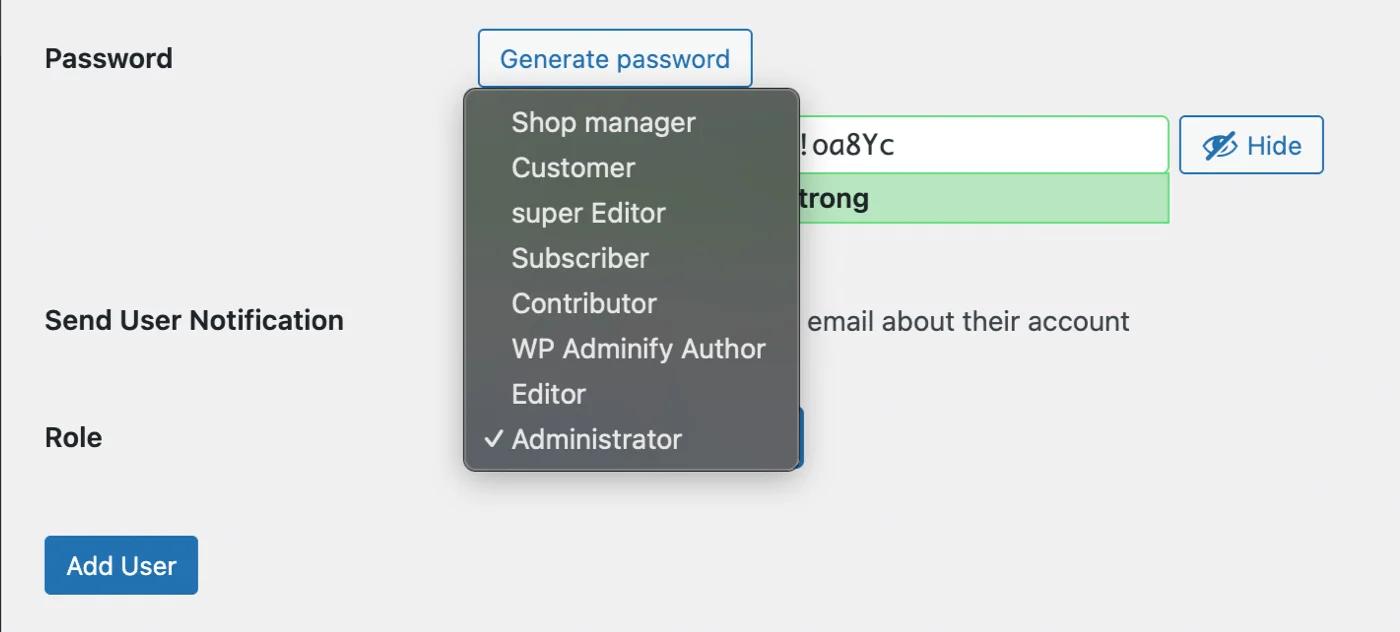 Define user role while adding new user in WordPress