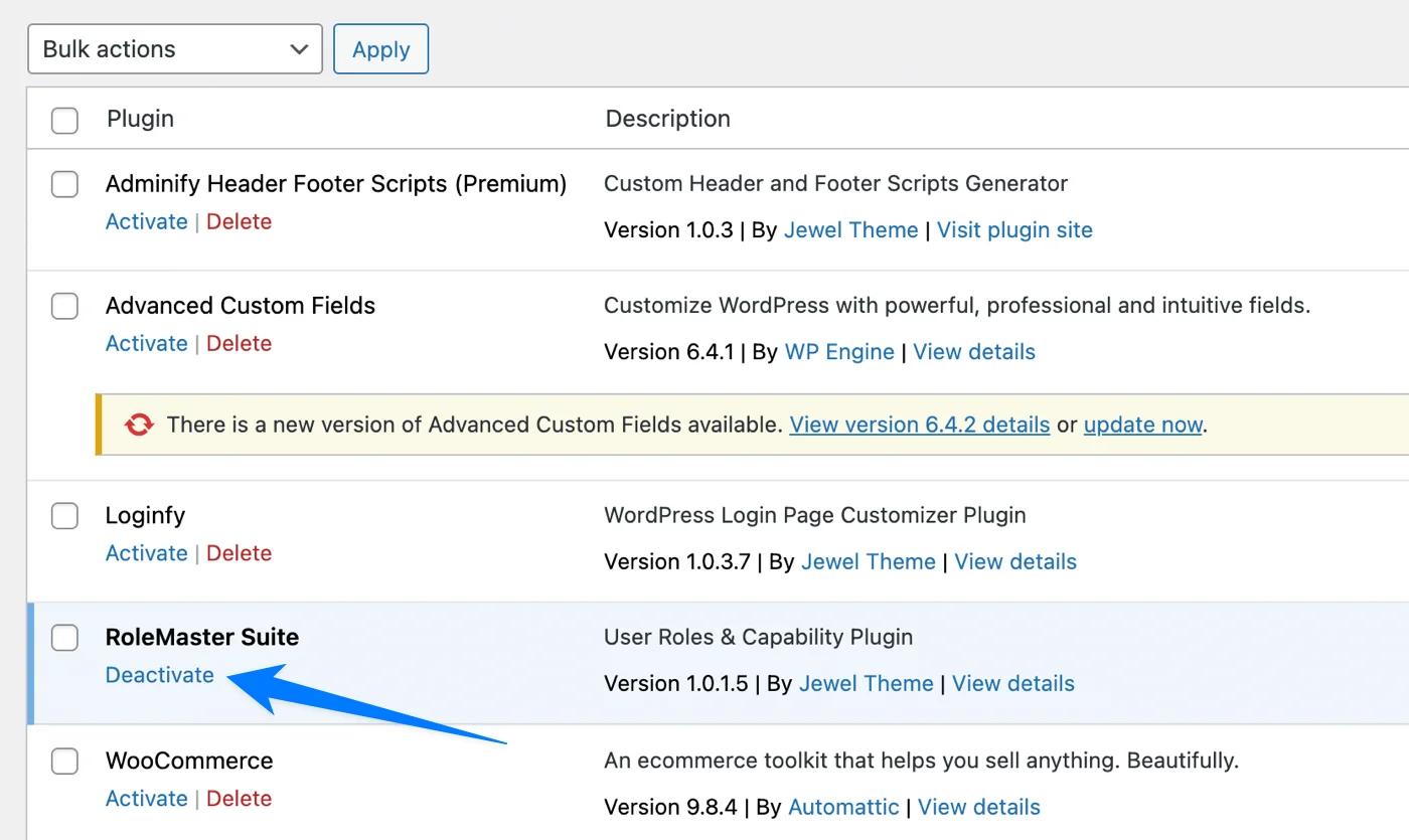 Deactivate plugin in WordPress dashboard