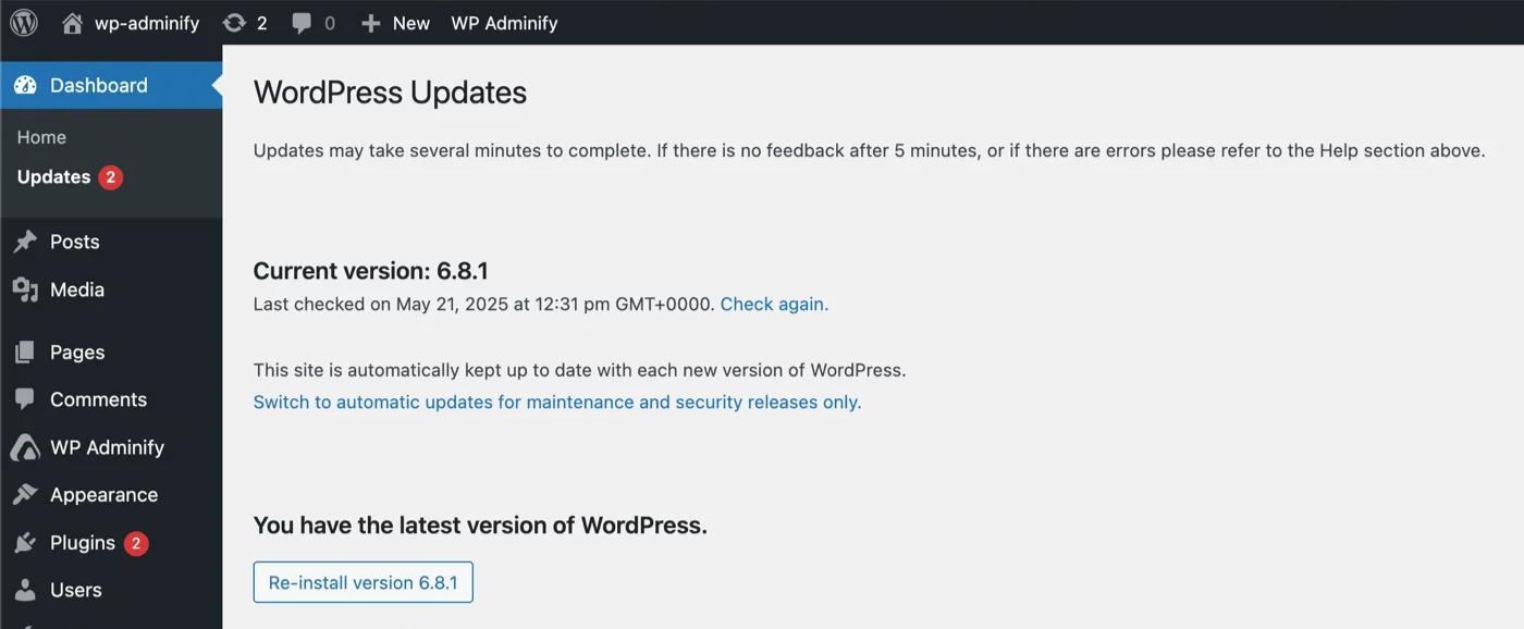 WordPress core update in Dashboard