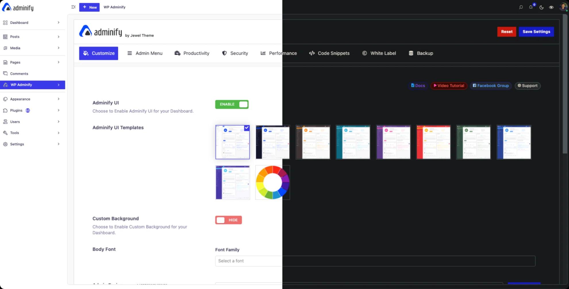 WP Adminify Plugin options panel