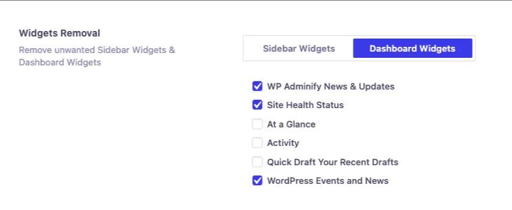 Sidebar and Dashboard widget removal