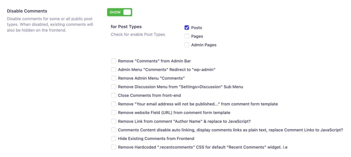 Disable comments in WordPress Website